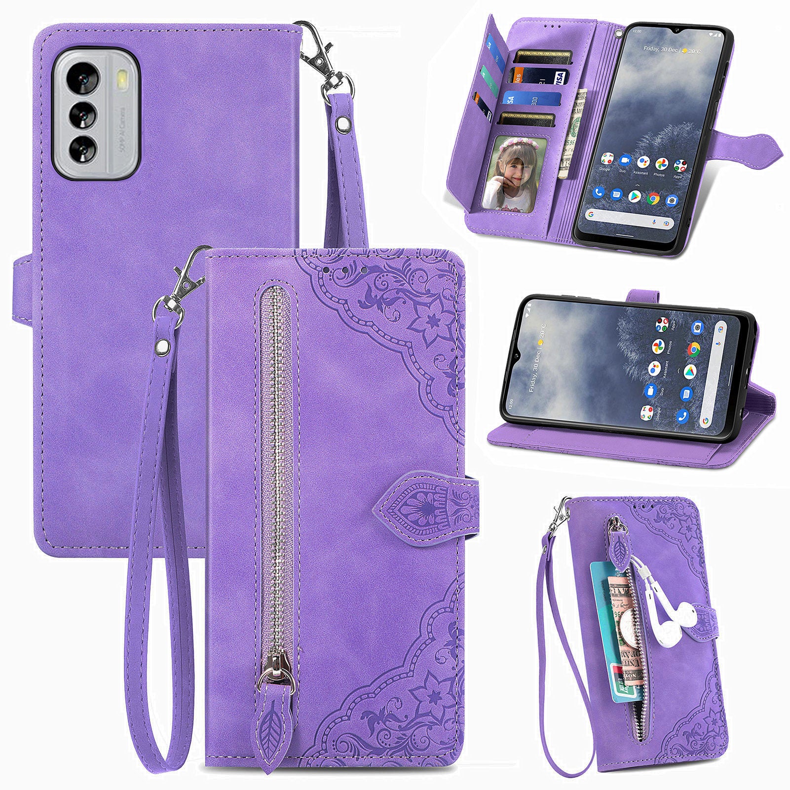 Anti-fall Flip Leather Phone Case For Nokia G60 5G Flower Imprinted Pattern Zipper Pocket Cell Phone Cover Stand Wallet Anti-fall Flip Leather Phone Case For Nokia G60 5G Flower Imprinted Pattern Zipper Pocket Cell Phone Cover Stand Wallet